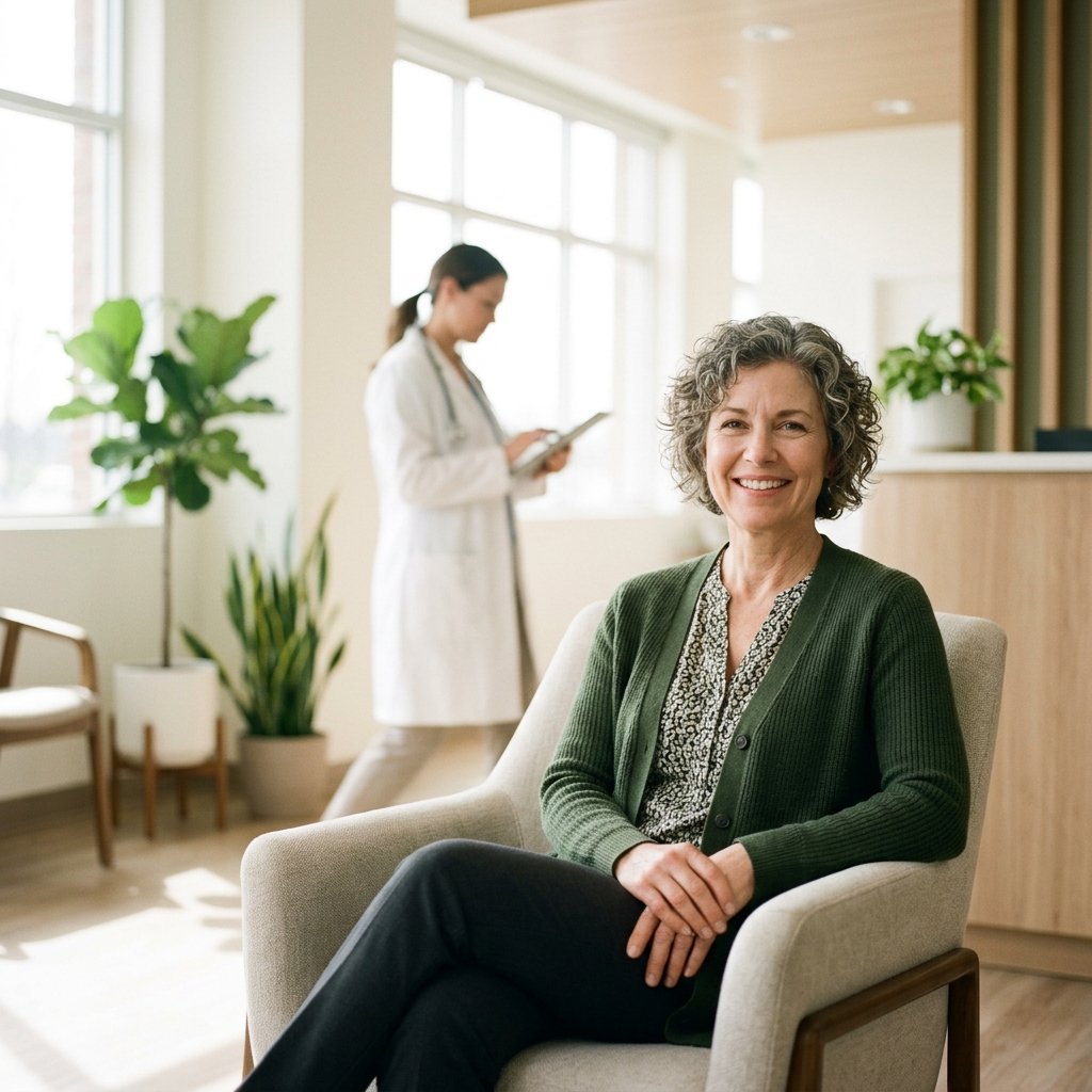 A confident, happy patient sitting comfortably in a modern wellness clinic